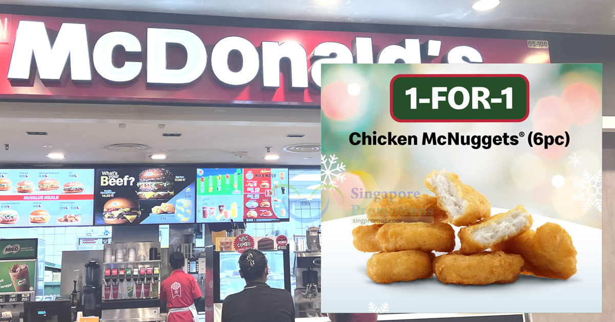 Featured image for McDonald's S'pore offering 1-for-1 Chicken McNuggets (6pc) deal on Tuesday, 12 Dec 2023