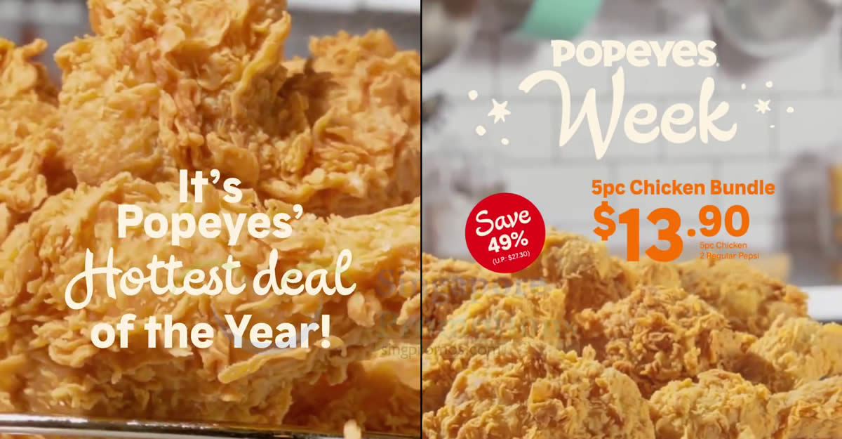Featured image for Popeyes S'pore selling 5pc Chicken Bundle at only S$13.90 (usual S$27.30) till 31 Dec 2023