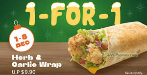 Featured image for Texas Chicken S’pore has Buy-1-Get-1-Free Herb & Garlic Wrap till 8 Dec, pay only S$4.95 each
