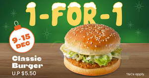 Featured image for (EXPIRED) Texas Chicken Buy-1-Get-1-Free Classic Burger at S’pore outlets till 15 Dec, pay only S$2.75 each