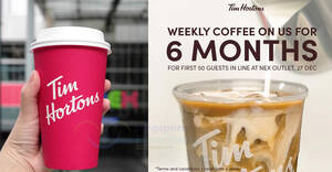 Featured image for (EXPIRED) Tim Hortons S’pore opening at NEX from 27 Dec 2023, first 50 guests get 6mths free weekly coffee