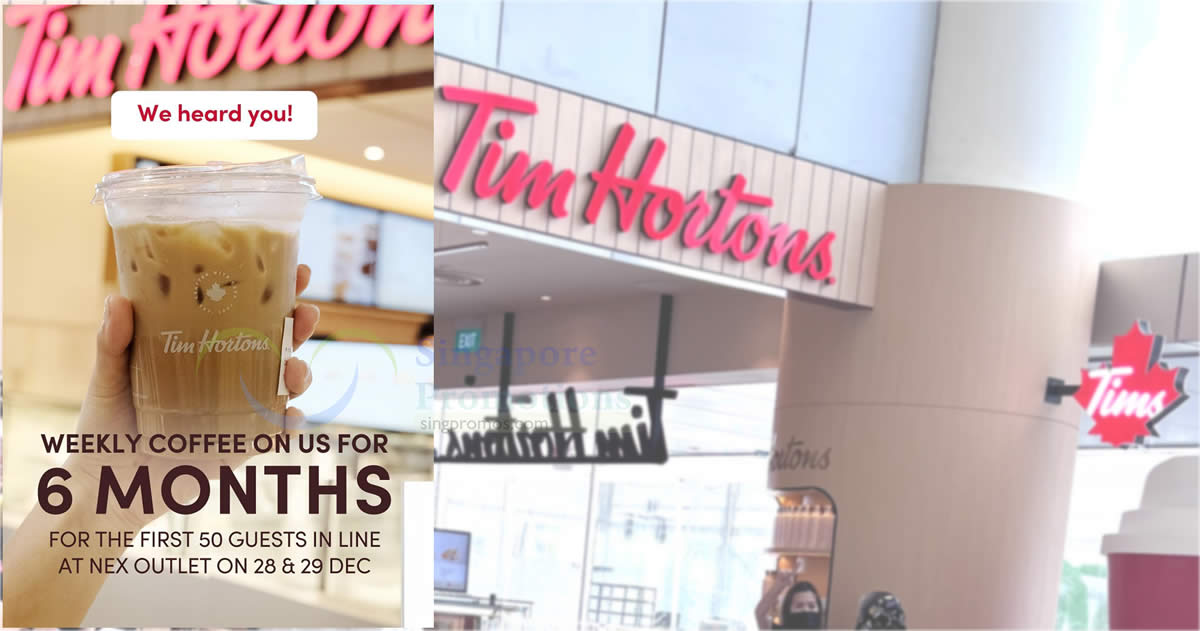 Featured image for Tim Hortons NEX S'pore offering first 50 guests on 28 & 29 Dec 6 months of free weekly coffee