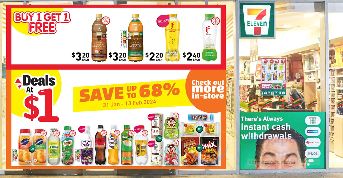 Featured image for Here's 7-Eleven S'pore latest 1-for-1 drinks and $1 deals till 13 Feb 2024