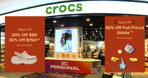 Featured image for Crocs S’pore offers 20% off $90 spend, 30% off $150 spend and more online till 12 Feb 2024