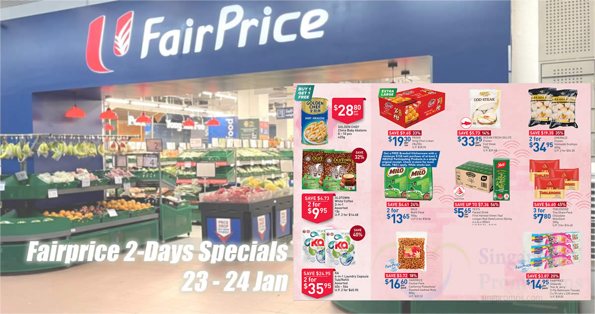 Featured image for Fairprice 2-Days specials till 24 Jan has Toblerone, Yeo's, 1-for-1 Golden Chef Baby Abalone and more