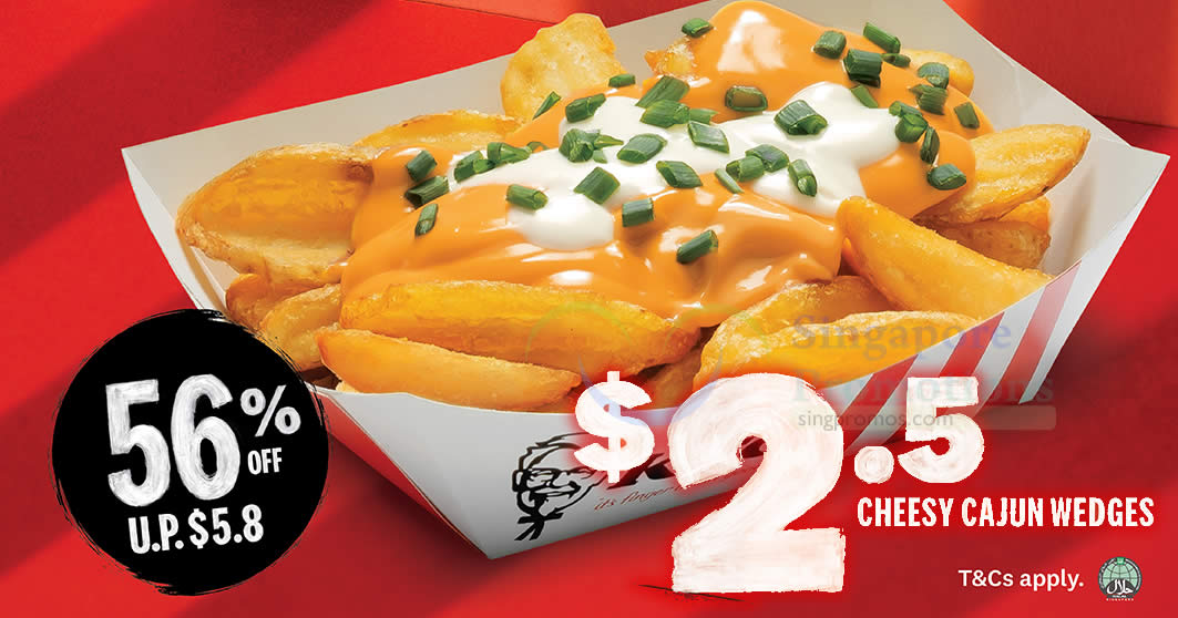 Featured image for KFC selling Cheesy Cajun Wedges at 56% off for dine-in and takeaway orders at S'pore stores till 4 Jan 2024