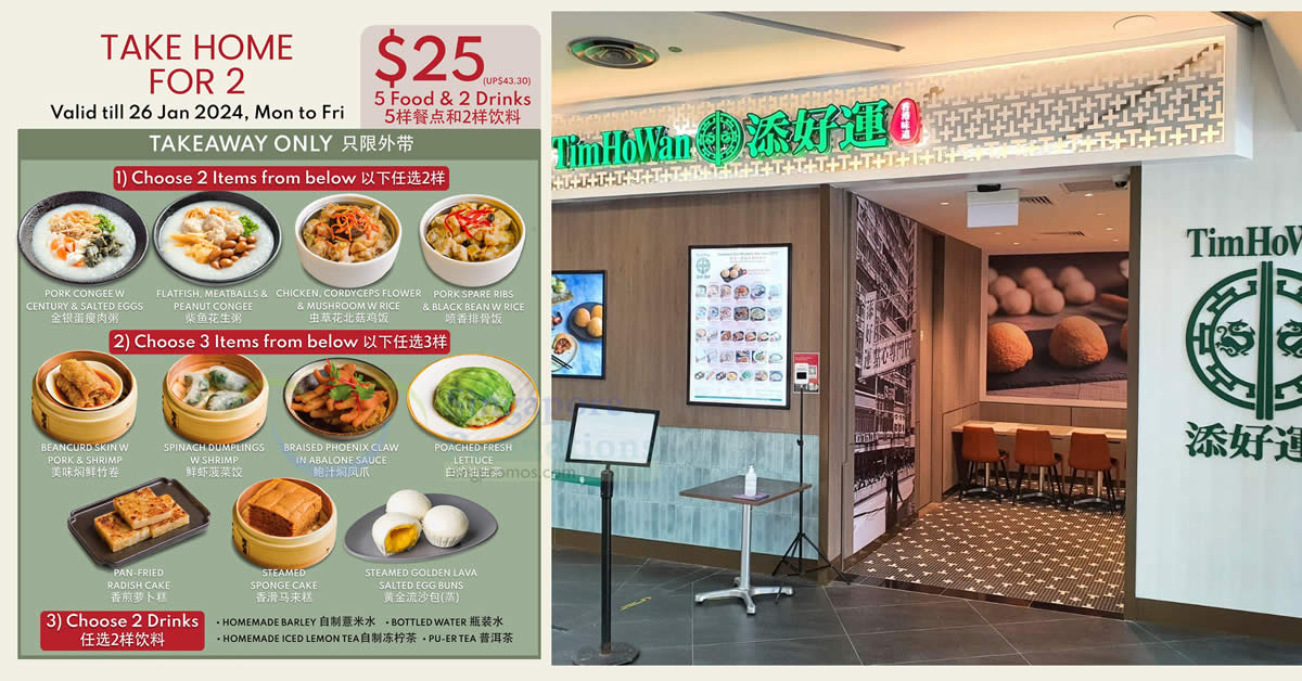 Featured image for Tim Ho Wan offering 5 Food & 2 Drinks for $25 (U.P. $43.30) all-day on weekdays for takeaway orders till 26 Jan