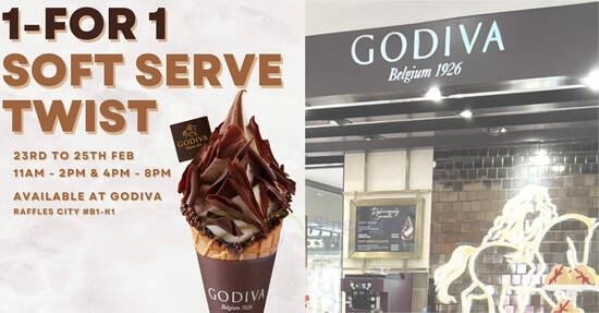 Godiva S’pore offering 1-for-1 Chocolate Twist Soft Serve at Raffles City outlet from 23 – 25 Feb 2024