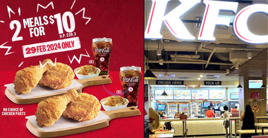 KFC S’pore has 2-Meals-For-$10 deal for dine-in, takeaway and delivery on Thursday, 29 Feb 2024
