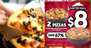 Featured image for Pizza Hut S’pore offering two personal pan pizzas for $8 (67% off) and more till 28 Feb 2024