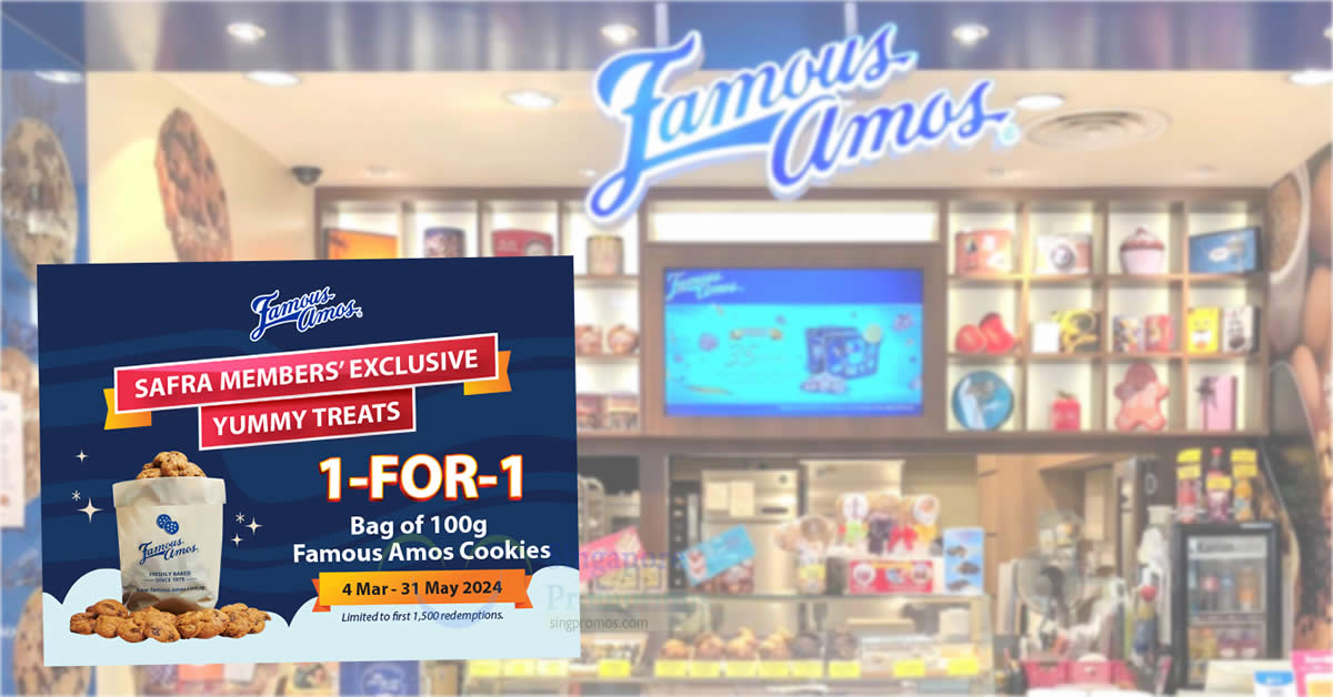 Featured image for 1-For-1 Bag of 100g Famous Amos Cookies for SAFRA members from 4 Mar - 31 May 2024
