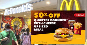 Featured image for (EXPIRED) 50% off McDonald’s Quarter Pounder® with Cheese Upsized Meal at S’pore outlets till 21 Mar