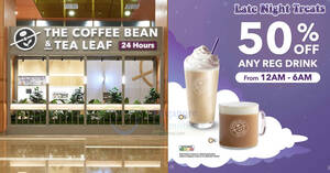 Featured image for Coffee Bean S’pore offers 50% off all reg drinks at 24hr stores 12am to 6am daily (from 11 Mar 2024)