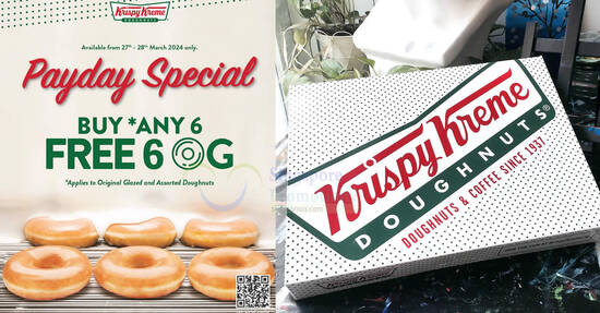 Krispy Kreme Buy Any 6 Doughnuts and Get 6 Original Glazed Doughnuts for Free at S’pore outlets from 27 – 28 Mar