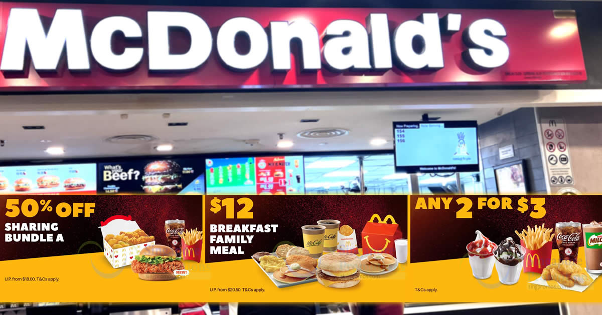 Featured image for McDonald's S'pore Mar 23 - 24 weekend deals - 50% off Sharing Bundle, 2-for-$3, $12 Breakfast Family