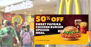 Featured image for (EXPIRED) McDonald’s has 50% off Sweet Paprika Chicken Burger Upsized Meal at S’pore outlets on Mon, 18 Mar 2024