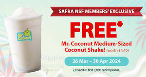 Featured image for Mr Coconut giving FREE Coconut Shake for SAFRA NSF Members till 30 Apr 2024