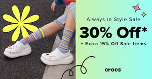 Featured image for Crocs Singapore 30% Off Select Styles + Extra 15% Off Sale Items at online store till 19 May 2024