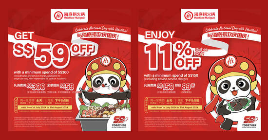 Haidilao NDP coupons from 1 Jul to 31 Aug – $59 off $300 spend, $11% off $150 spend and more